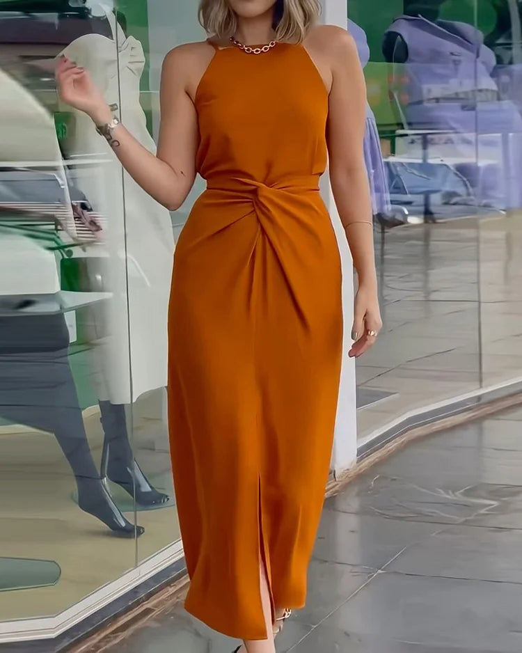 Women's Midi Dress - Halter Neck - Fitted Waist - Twist Knot Detail - Front Slit