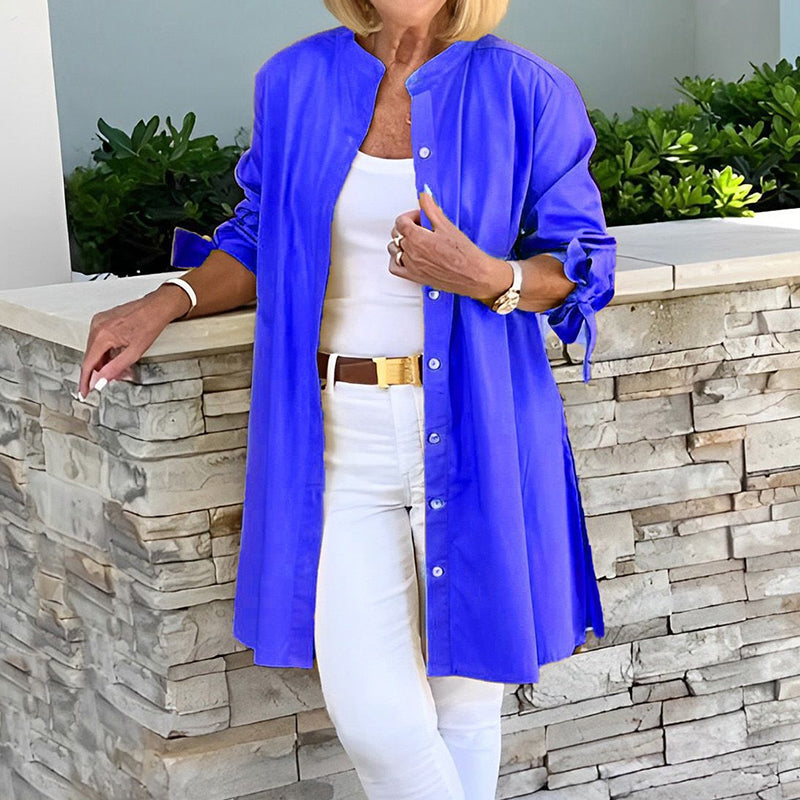 Women’s Tunic Shirt – Relaxed Fit – Button Front – Mid Thigh Length