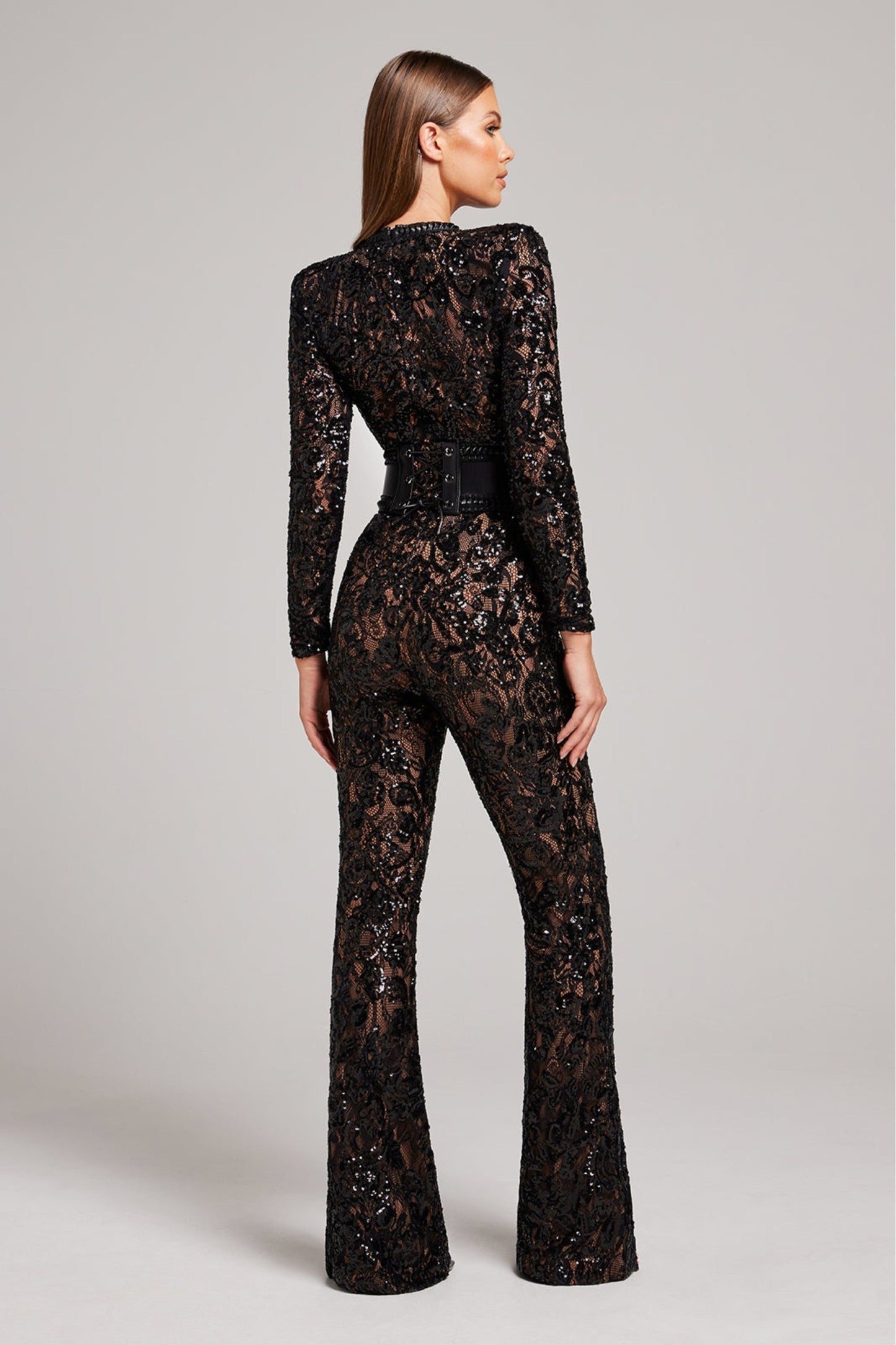 Women’s Lace Jumpsuit - Belted- Long Sleeve - Full Length - Fitted Waist