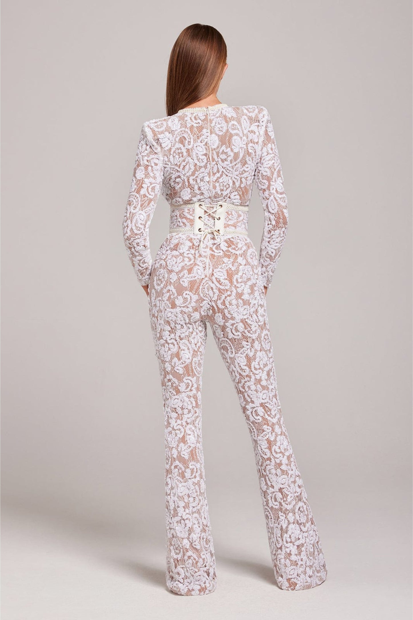 Women’s Lace Jumpsuit - Belted- Long Sleeve - Full Length - Fitted Waist