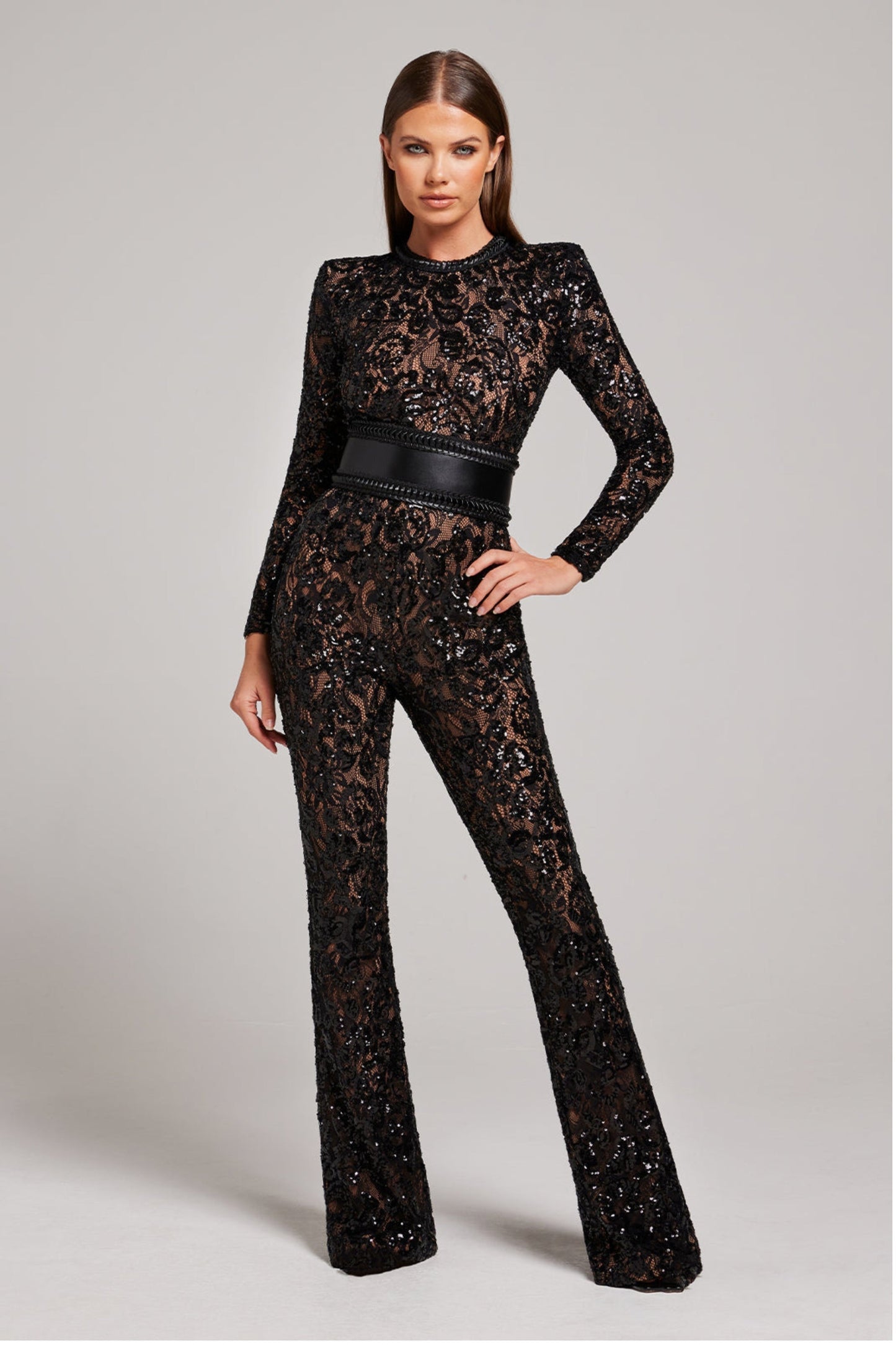 Women’s Lace Jumpsuit - Belted- Long Sleeve - Full Length - Fitted Waist