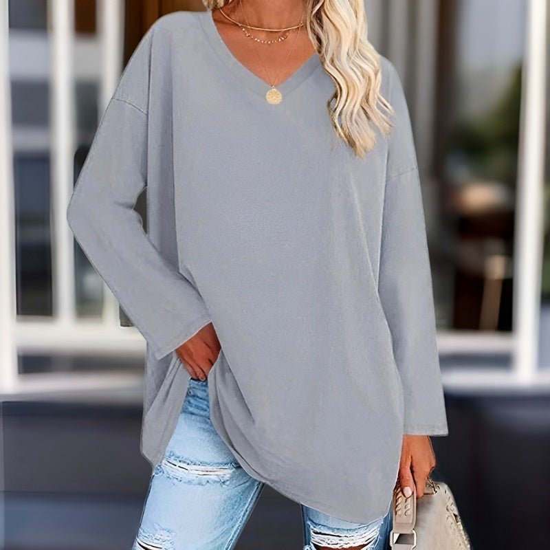 Women’s Long Sleeve Shirt – Oversized Fit – V-Neck – Soft Breathable Blend