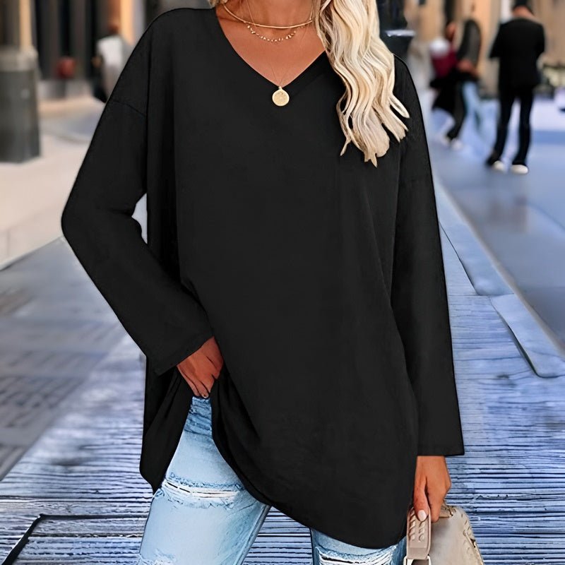 Women’s Long Sleeve Shirt – Oversized Fit – V-Neck – Soft Breathable Blend