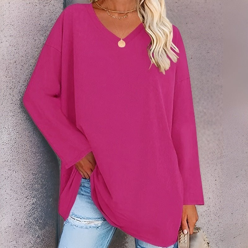 Women’s Long Sleeve Shirt – Oversized Fit – V-Neck – Soft Breathable Blend