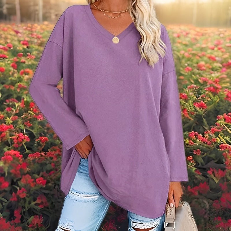 Women’s Long Sleeve Shirt – Oversized Fit – V-Neck – Soft Breathable Blend