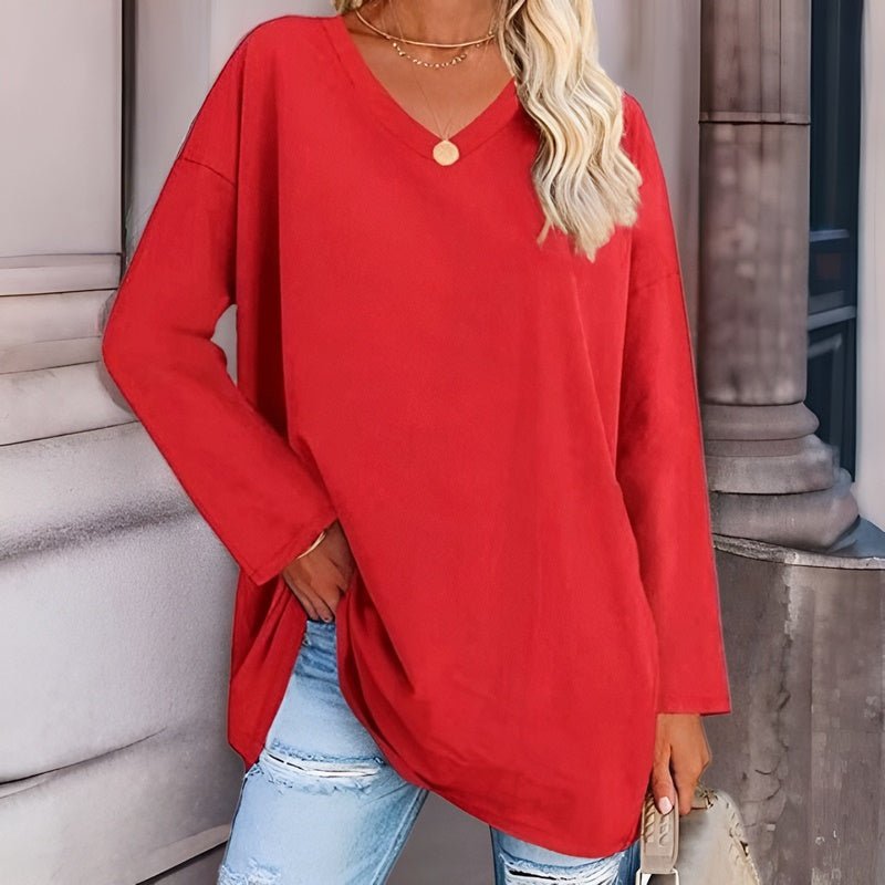 Women’s Long Sleeve Shirt – Oversized Fit – V-Neck – Soft Breathable Blend