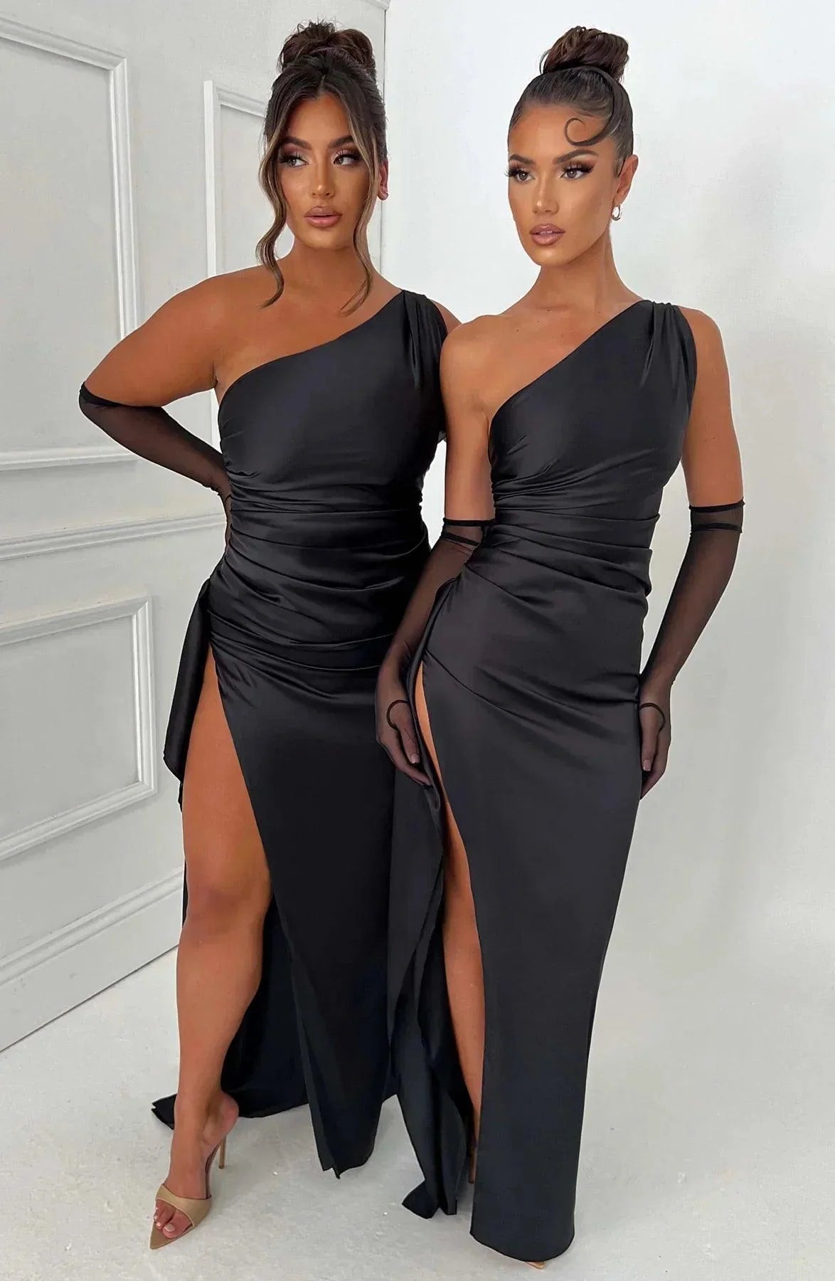 Women’s Evening Gown - One Shoulder Satin - High Slit - Floor Length Formal Dress