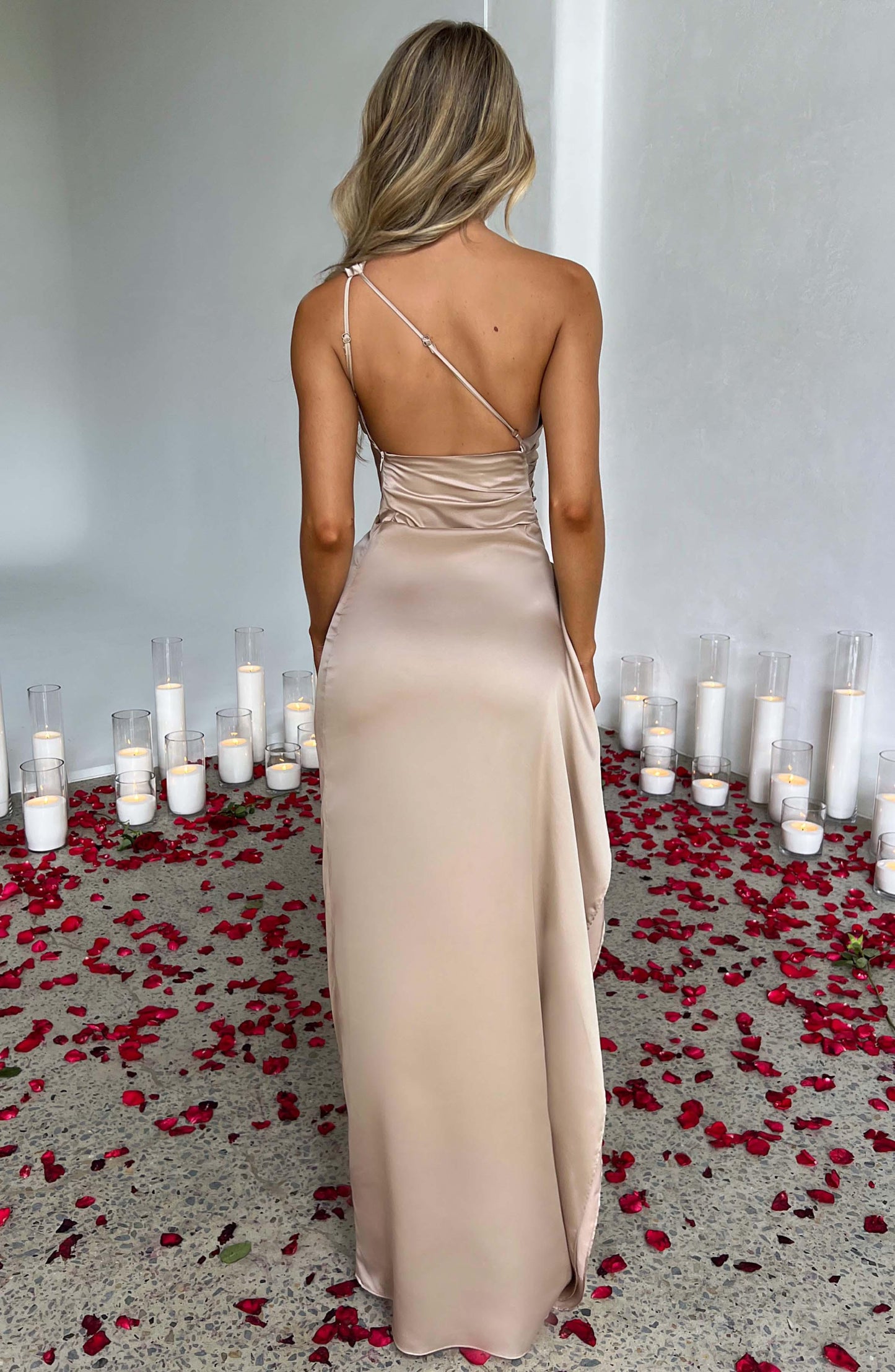 Women’s Evening Gown - One Shoulder Satin - High Slit - Floor Length Formal Dress