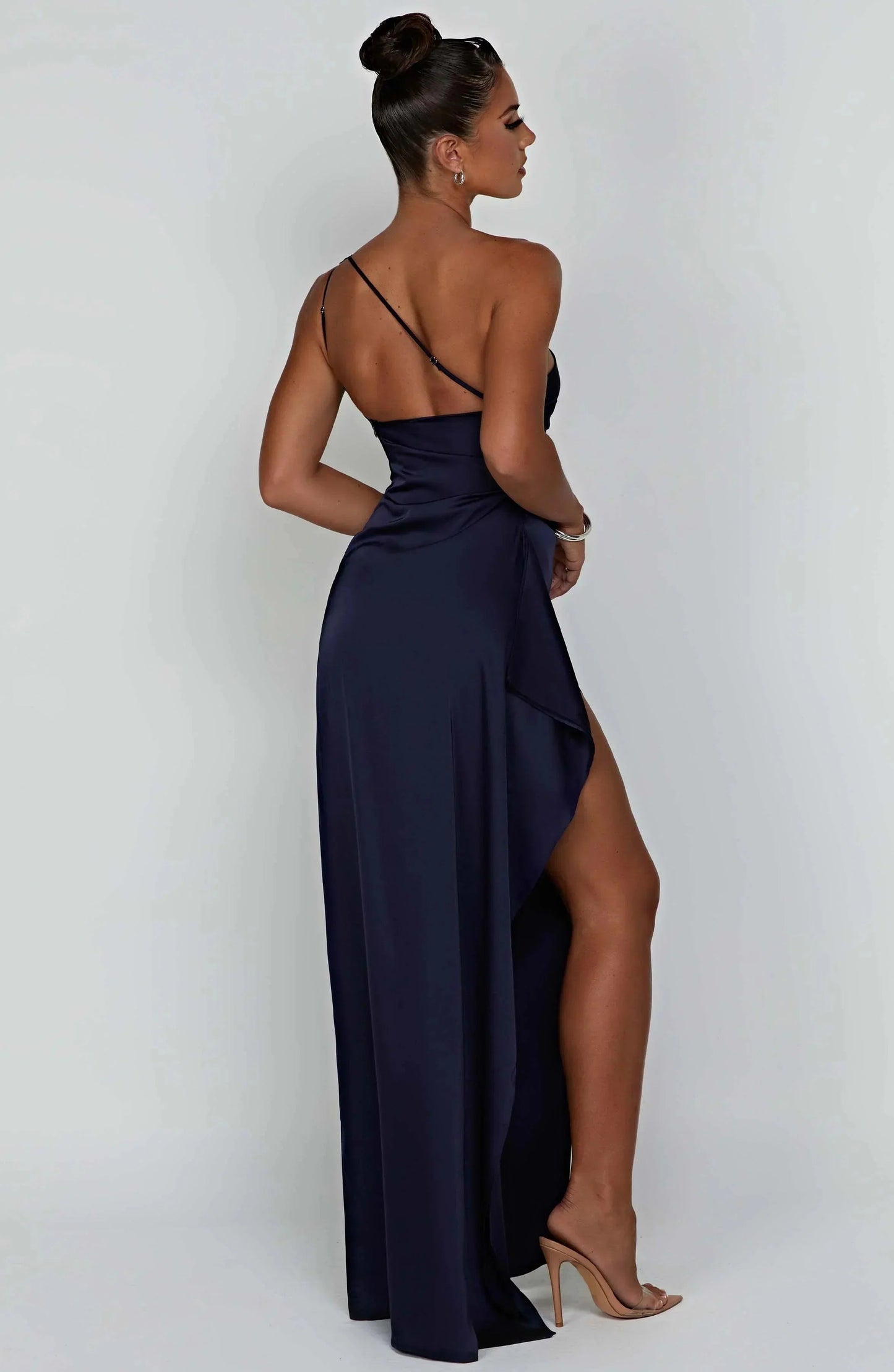 Women’s Evening Gown - One Shoulder Satin - High Slit - Floor Length Formal Dress