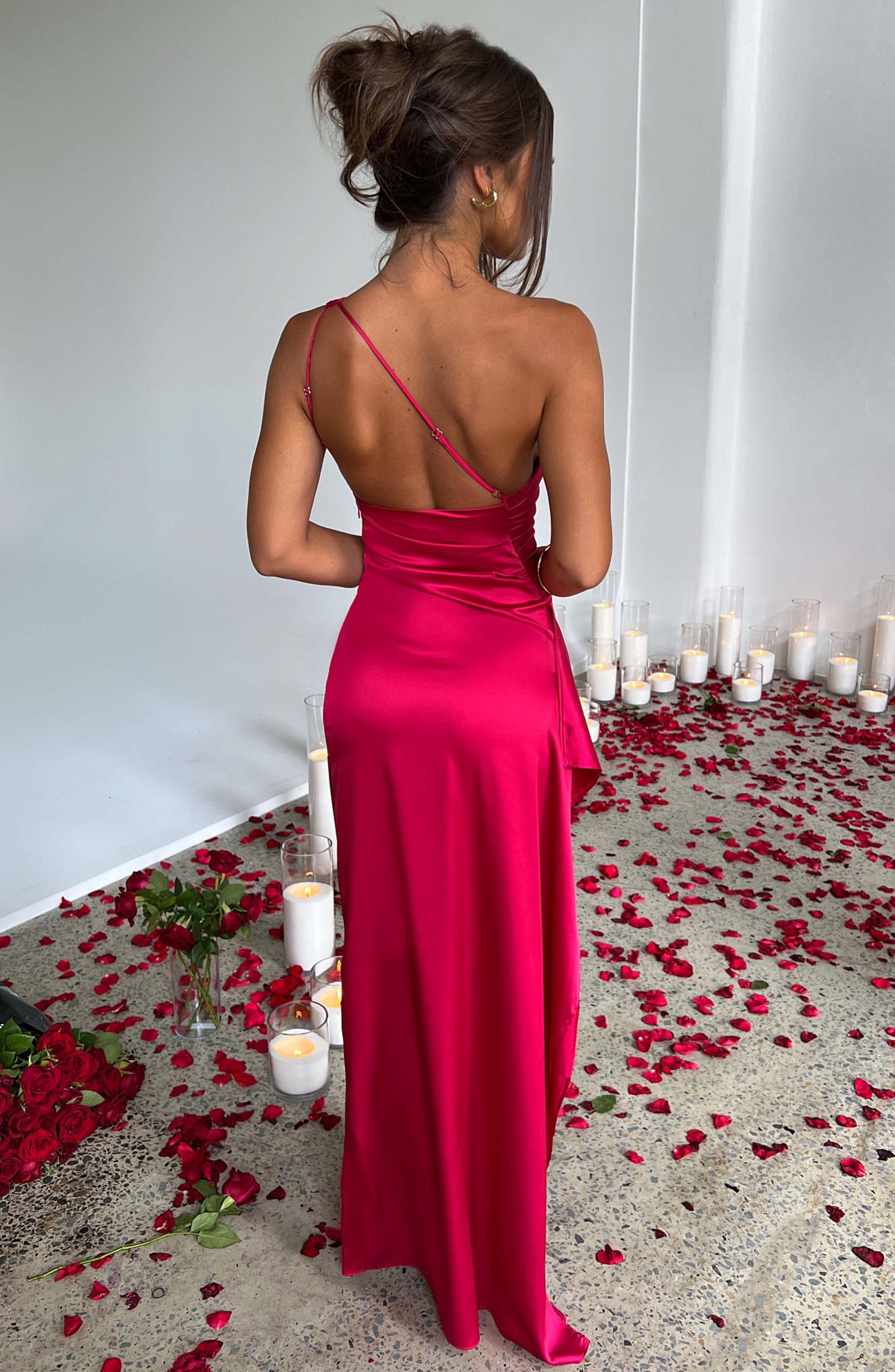 Women’s Evening Gown - One Shoulder Satin - High Slit - Floor Length Formal Dress