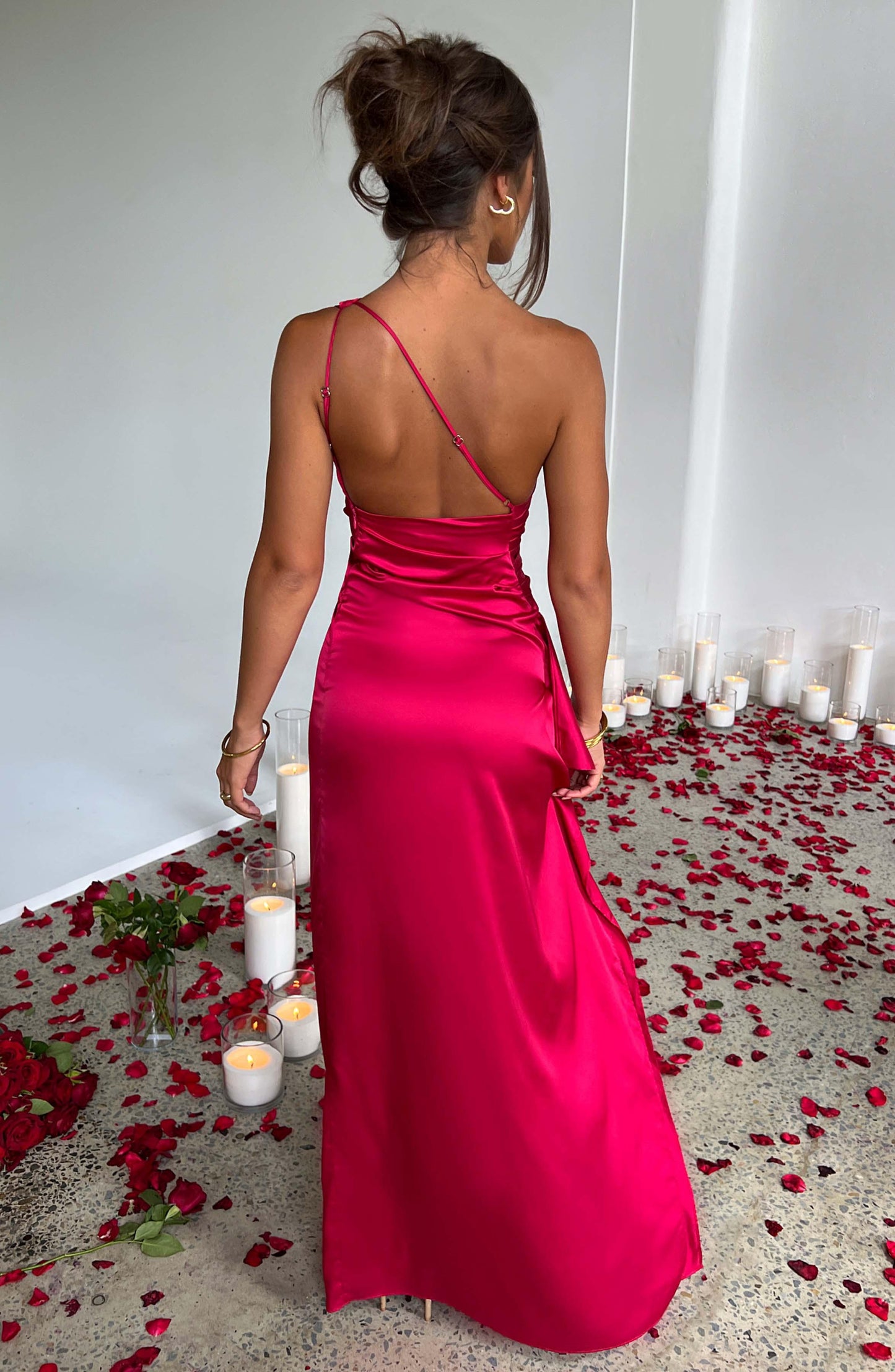 Women’s Evening Gown - One Shoulder Satin - High Slit - Floor Length Formal Dress