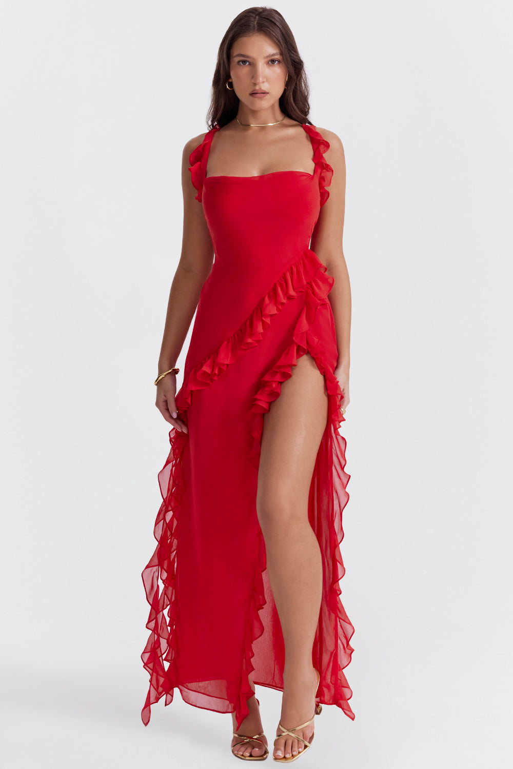 Women’s Melantha Dress – Adjustable Straps – Ruffle Detail – High Slit – Elegant Fit