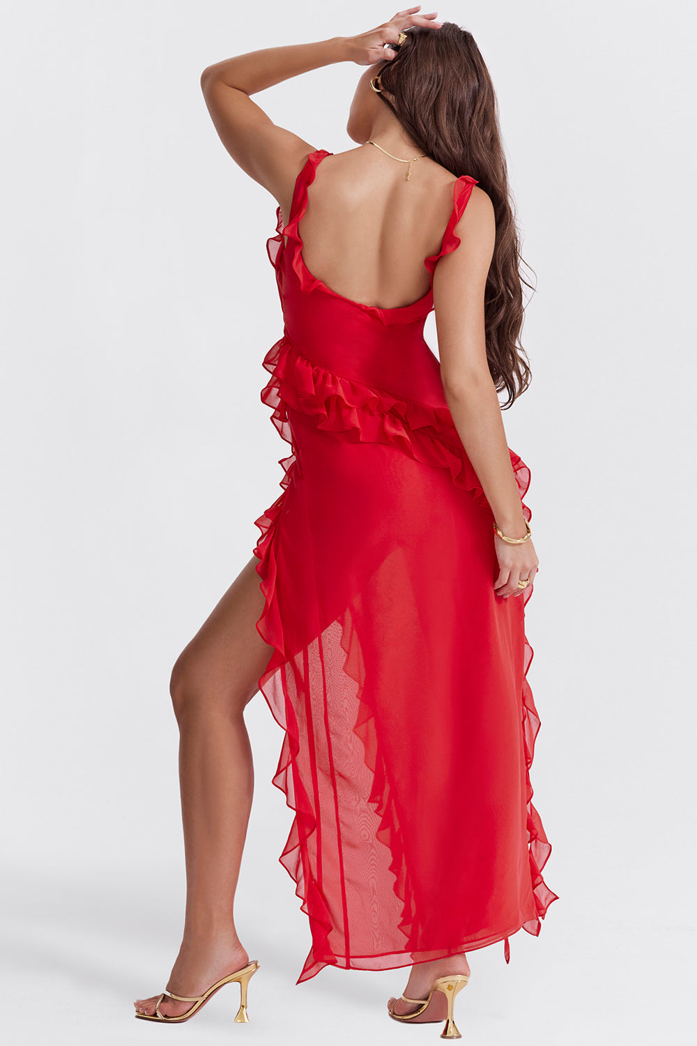 Women’s Melantha Dress – Adjustable Straps – Ruffle Detail – High Slit – Elegant Fit