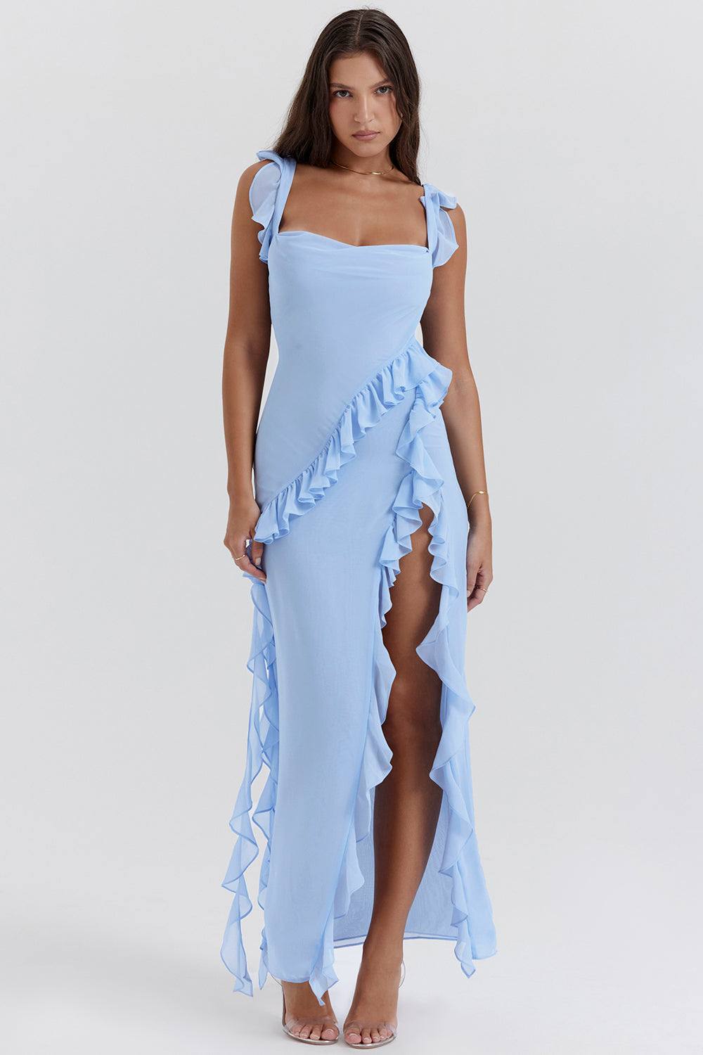 Women’s Melantha Dress – Adjustable Straps – Ruffle Detail – High Slit – Elegant Fit