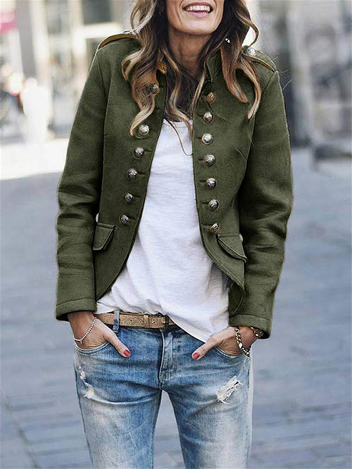 Women’s Military Jacket – Structured Fit – Button Front – Epaulettes – Hip Length