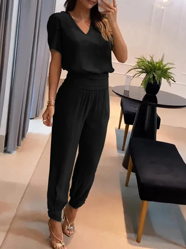 Women's Two-Piece Set – V-Neck Short Sleeve Top & Elastic Waist Pants – Relaxed Fit