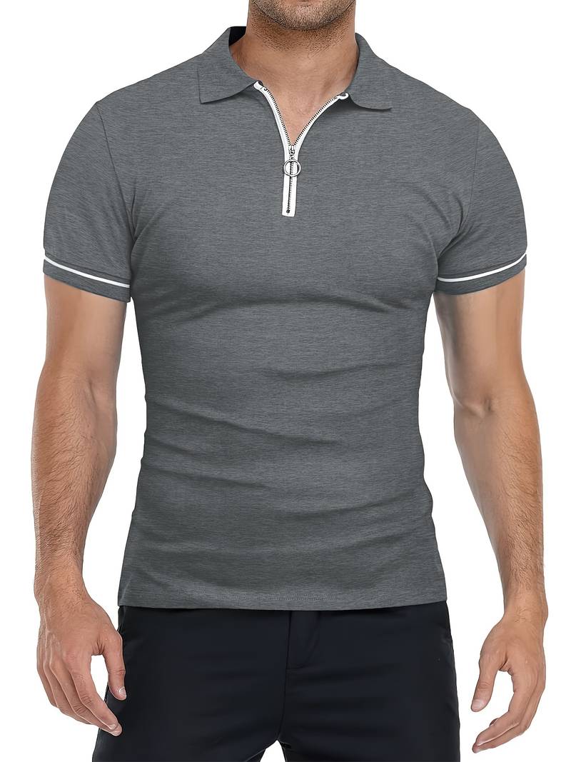 Men’s Polo Shirt – Slim Fit – Short Sleeve – Quarter Zip – Stylish Contrast Detail