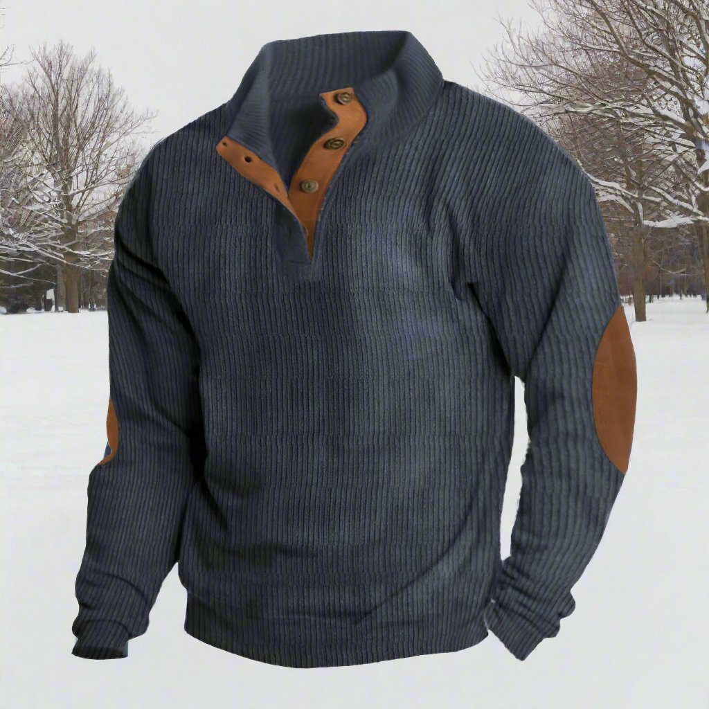 Men’s Knitted Sweater – Wool Blend – Relaxed Fit – Ribbed – Elbow Patches – Button Neck