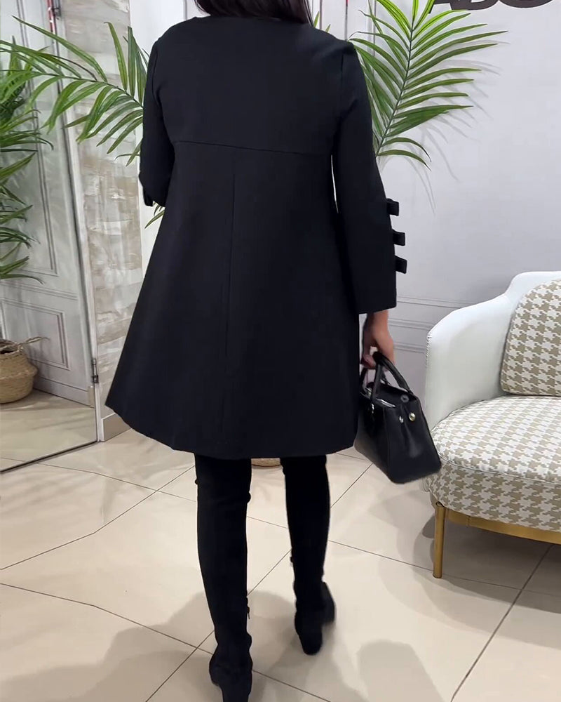 Women's A-Line Dress - Long Sleeve with Bow Detail - Elegant Knee-Length Round Neck