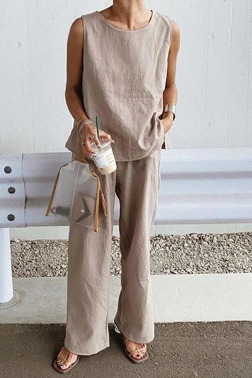 Women's Two-Piece Set - Sleeveless Top & Wide-Leg Trousers - Lightweight Breathable Fabric