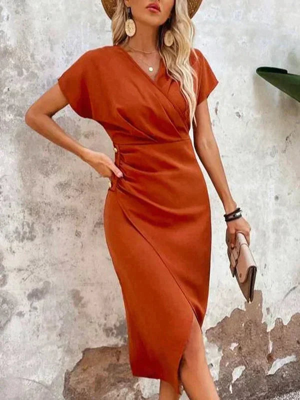 Women's Wrap Dress - V-Neck - Short Sleeve - Fitted Waist - Elegant Midi Length