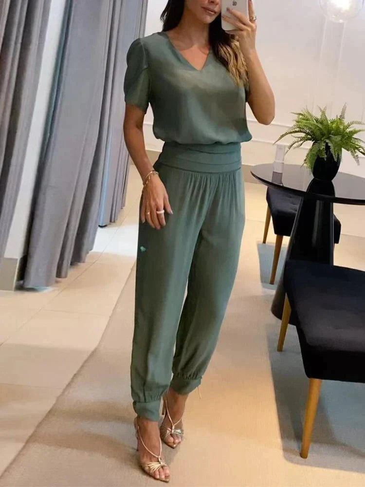 Women's Two-Piece Set – V-Neck Short Sleeve Top & Elastic Waist Pants – Relaxed Fit