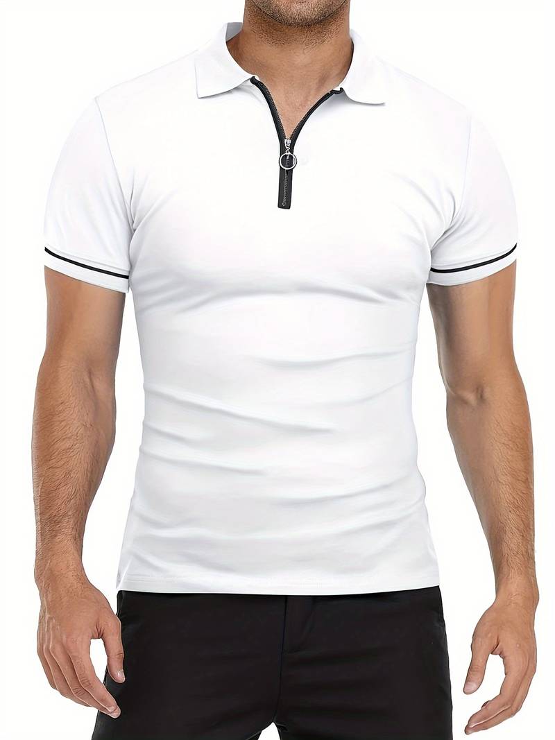 Men’s Polo Shirt – Slim Fit – Short Sleeve – Quarter Zip – Stylish Contrast Detail