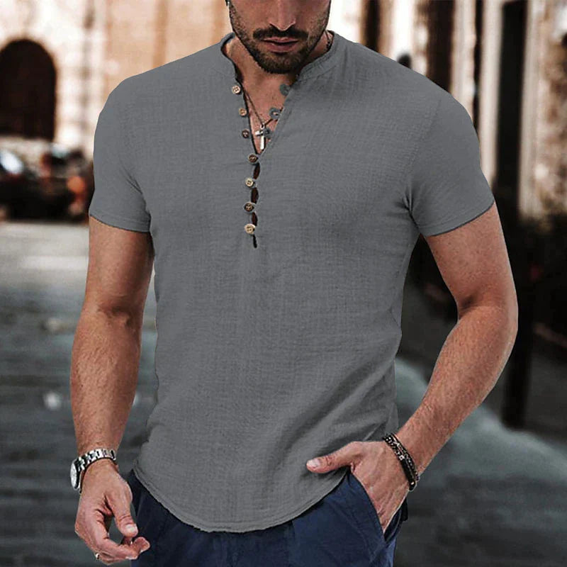 Men’s Henley Shirt - Short Sleeve - Lightweight Breathable Cotton - Buttoned Placket