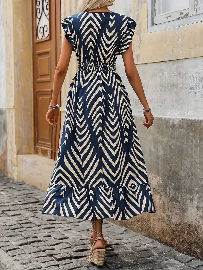 Women's Wrap Dress - Chevron Print - V-Neck - Flutter Sleeves - Asymmetrical Hem