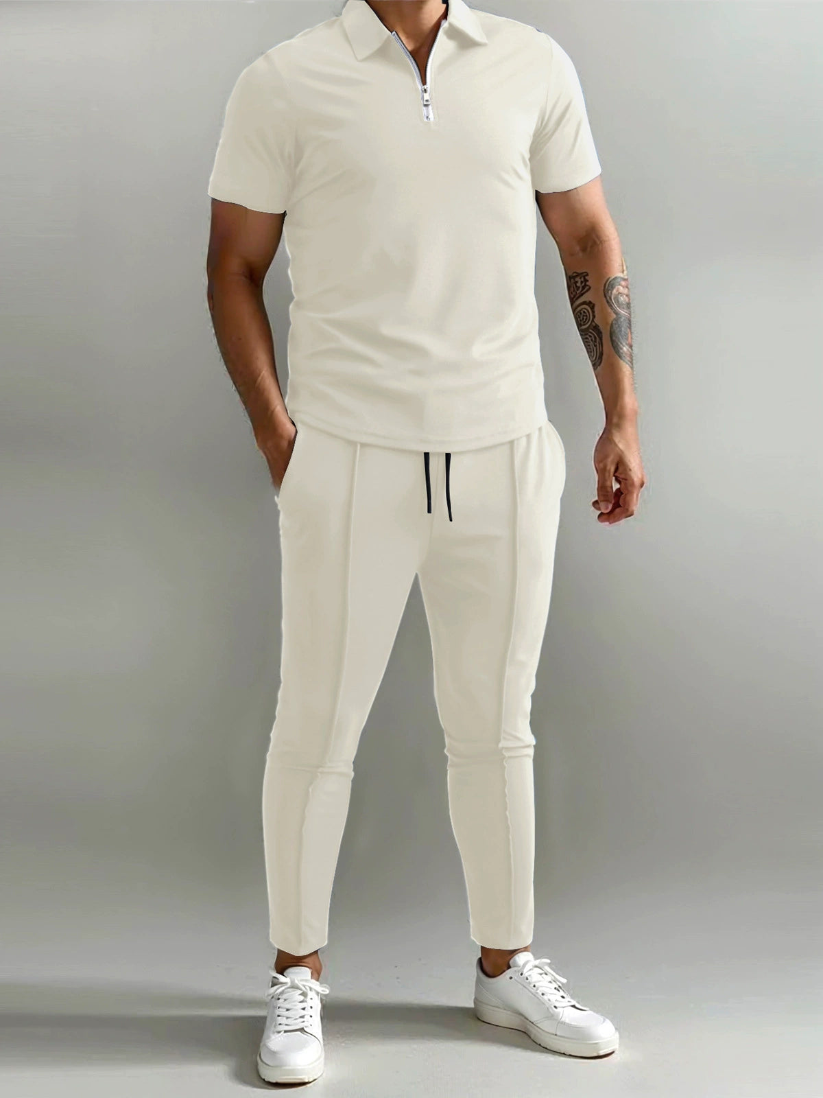 Men's Polo Shirt & Track Trousers - Zip Neck - Short Sleeve - Elastic Waist - Casual Fit