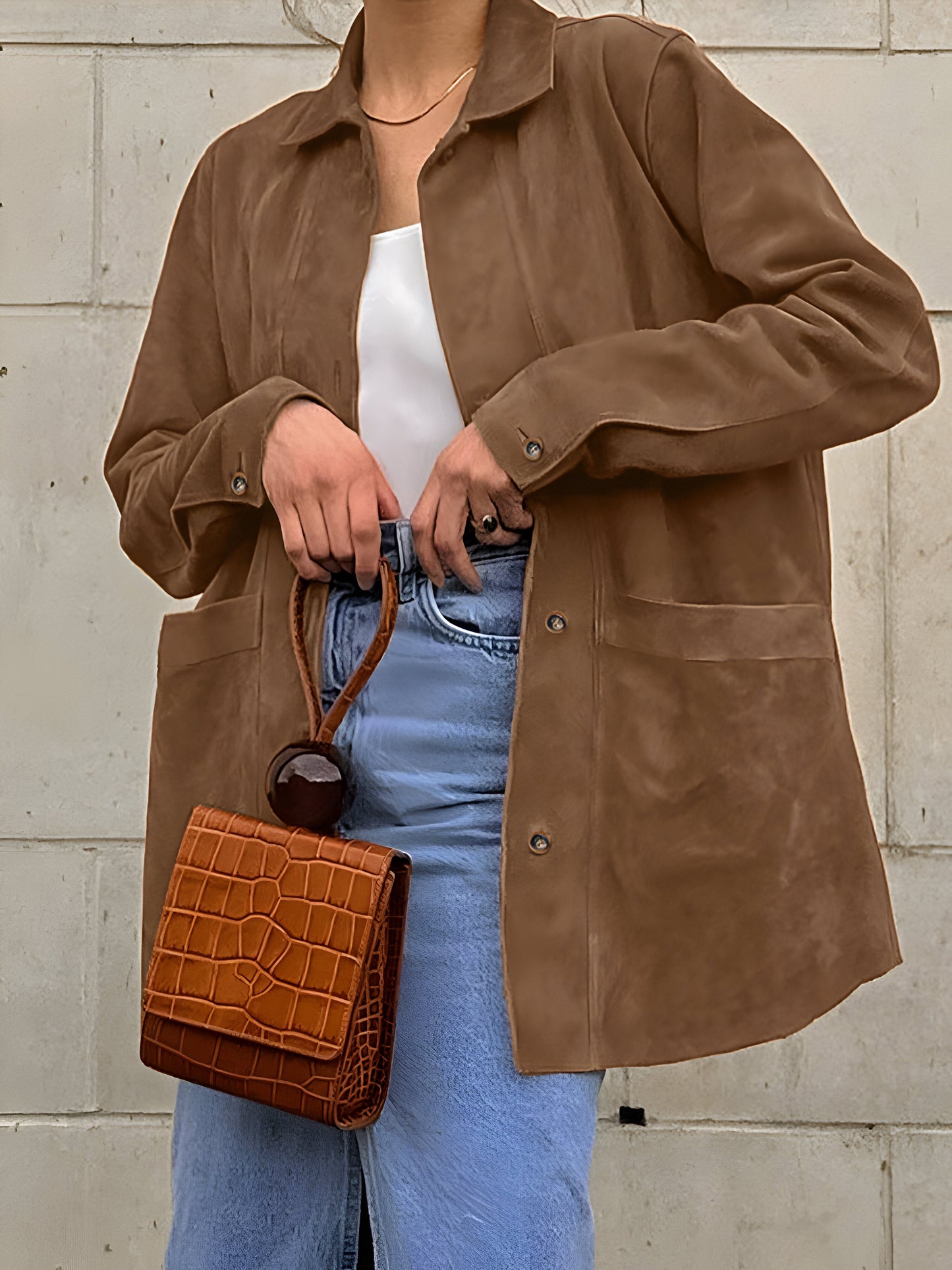 Women’s Oversized Jacket – Relaxed Fit – Button Front – Mid-Length Coverage