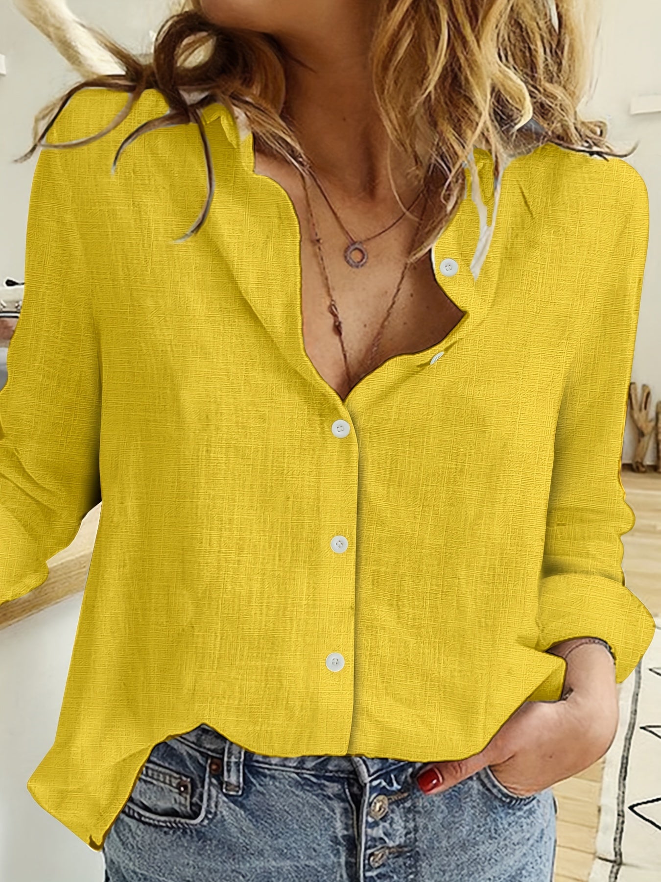 Women's Button-Up Shirt - Lightweight Cotton Blend - Long Sleeve Relaxed Fit - Casual Wear