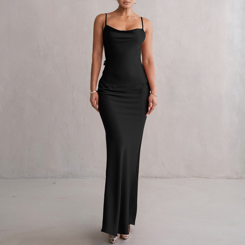 Women's Evening Prom Gown Dress - Satin Floor-Length - Backless Floral Appliqué - Form-Fitting