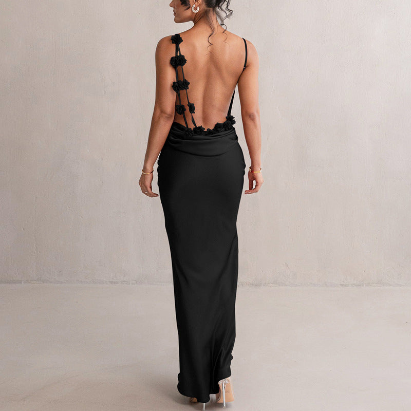 Women's Evening Prom Gown Dress - Satin Floor-Length - Backless Floral Appliqué - Form-Fitting
