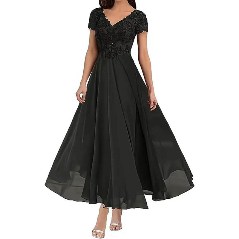 Women’s Maxi Dress – Lace Bodice – V-Neck – Short Sleeve – Flowing Skirt – Formal Wear