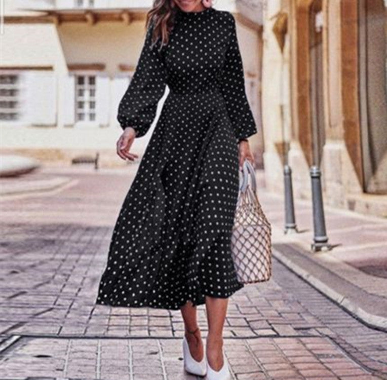 Women's Polka Dot Maxi Dress - Elegant Long Sleeve - Versatile Evening Wear