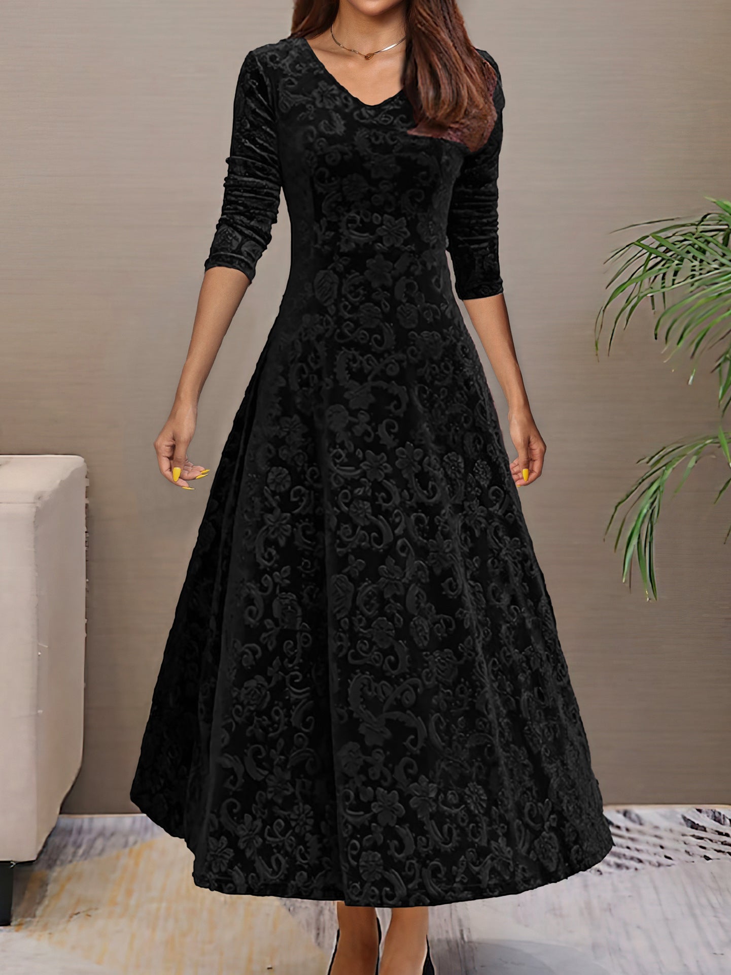 Women's Formal Dress - V-Neck - Floral Pattern - Velvet Elegant Evening Wear