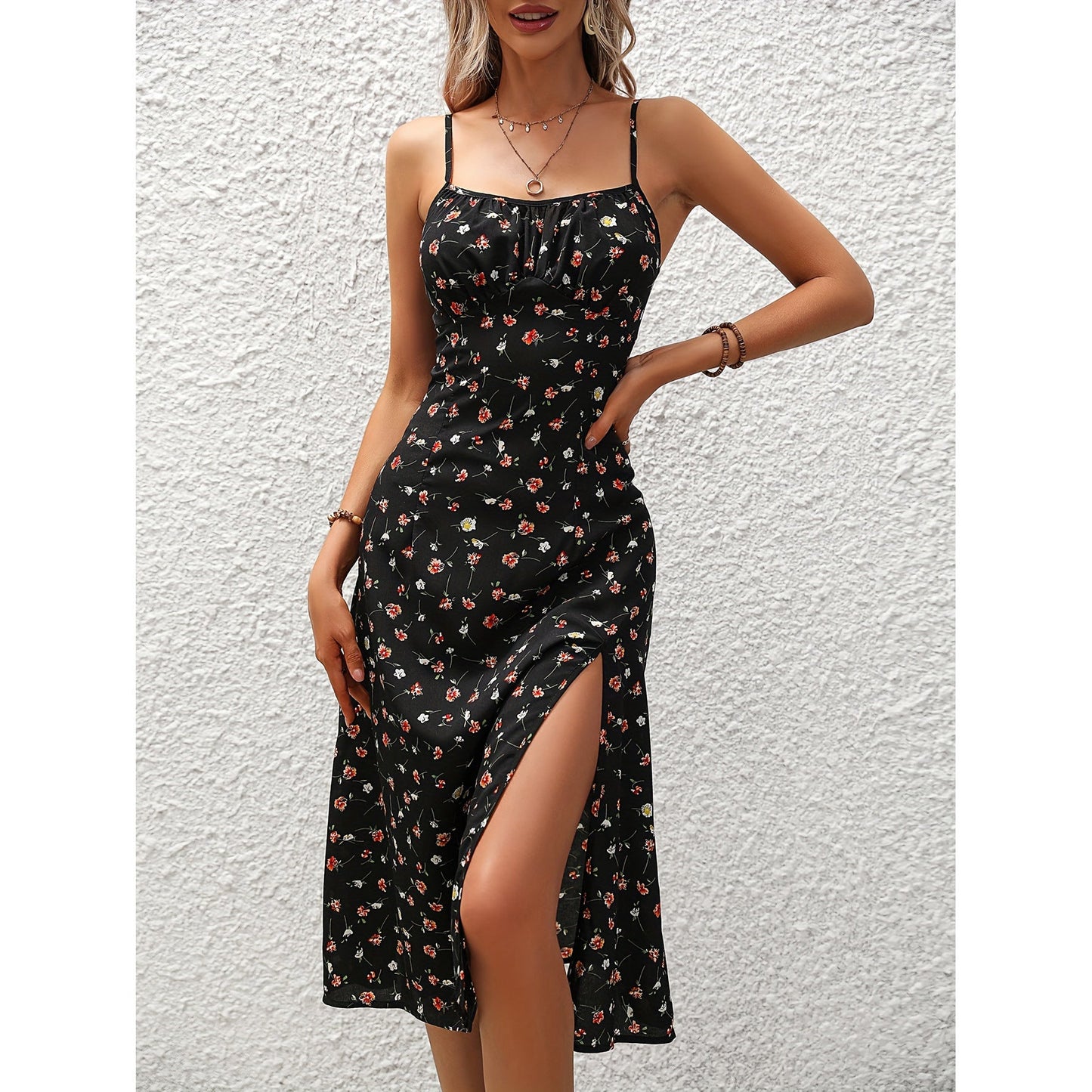 Women's Midi Dress - Sleeveless Spaghetti Strap - Floral Print A-Line - Side Slit