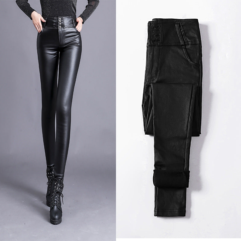 Women's High-Waisted Leather Trousers – Skinny Fit – Button Front – Sleek & Stylish