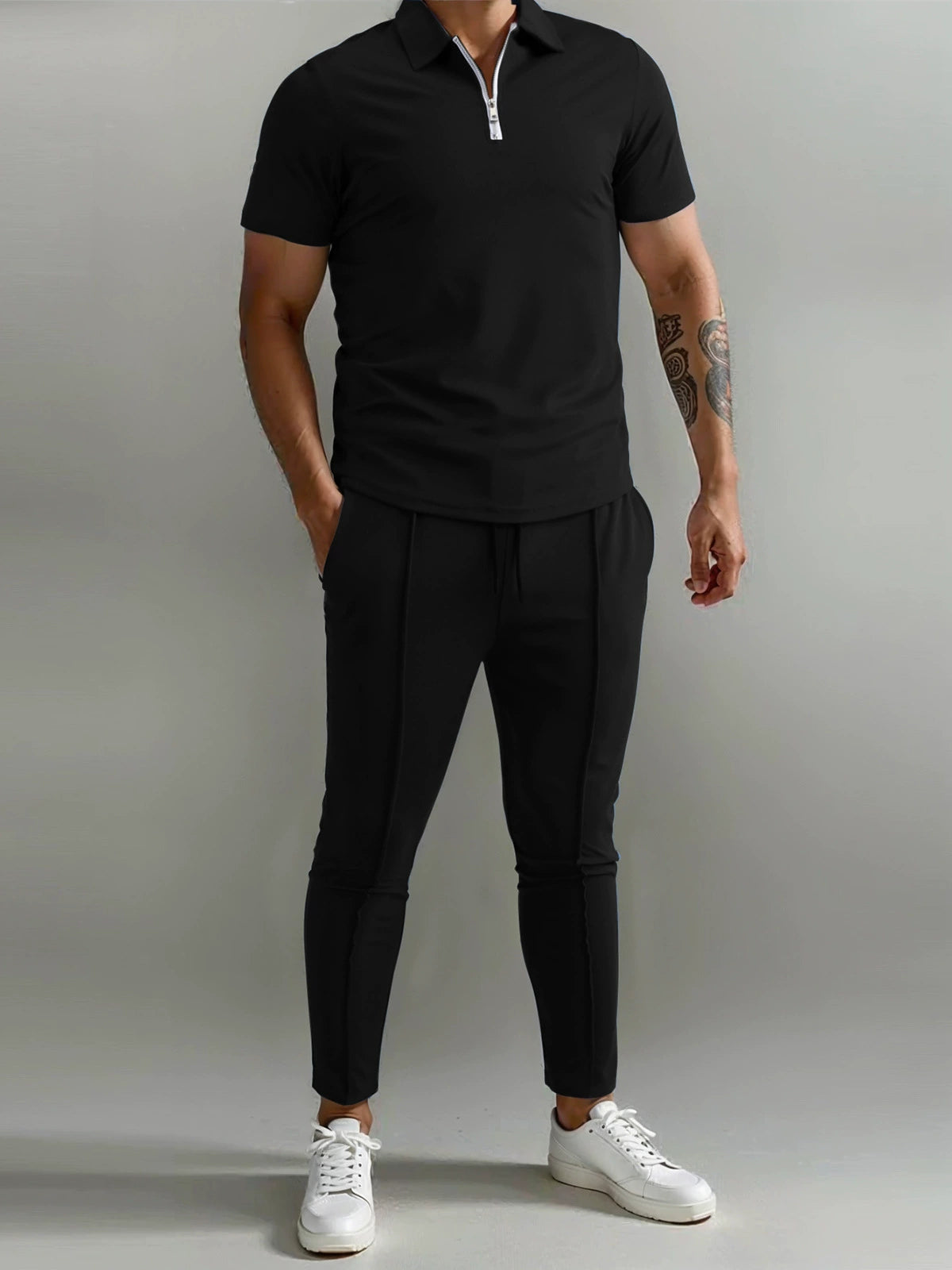Men's Polo Shirt & Track Trousers - Zip Neck - Short Sleeve - Elastic Waist - Casual Fit