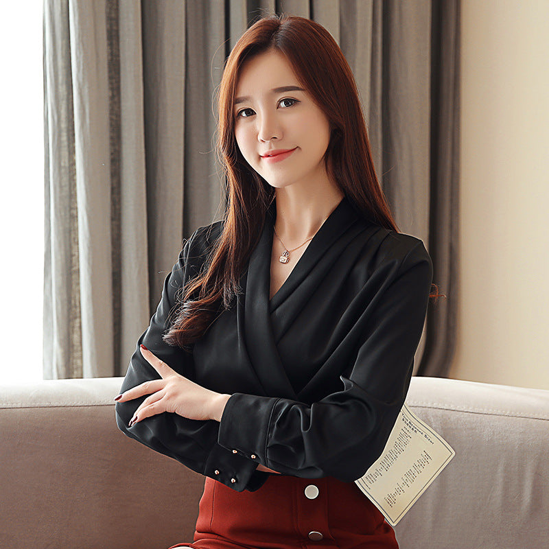 Women's soft pleated draped blouse with long sleeves