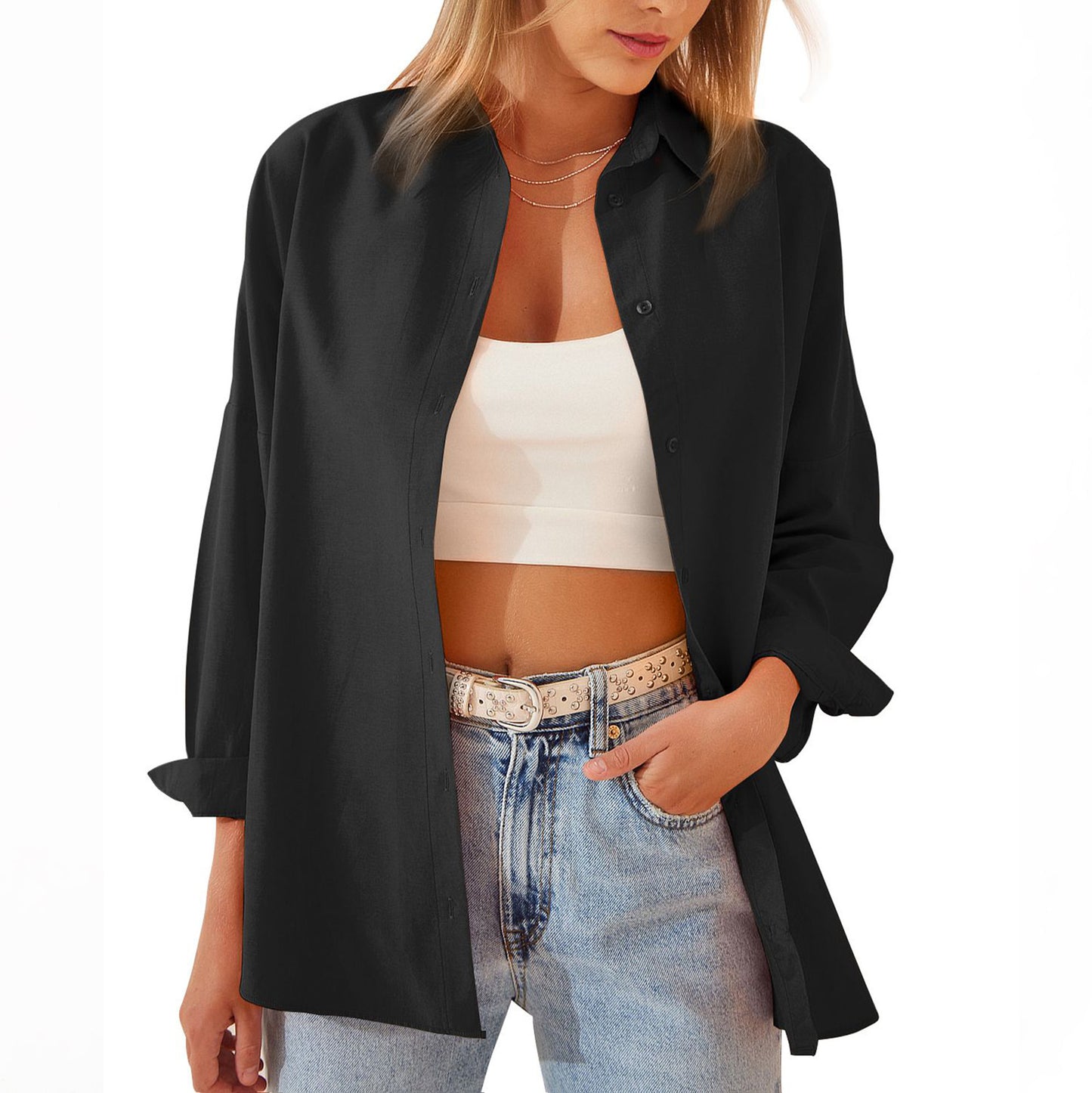 Women's Button Down Shirt - Relaxed Fit - Long Sleeve - Casual Oversized Look
