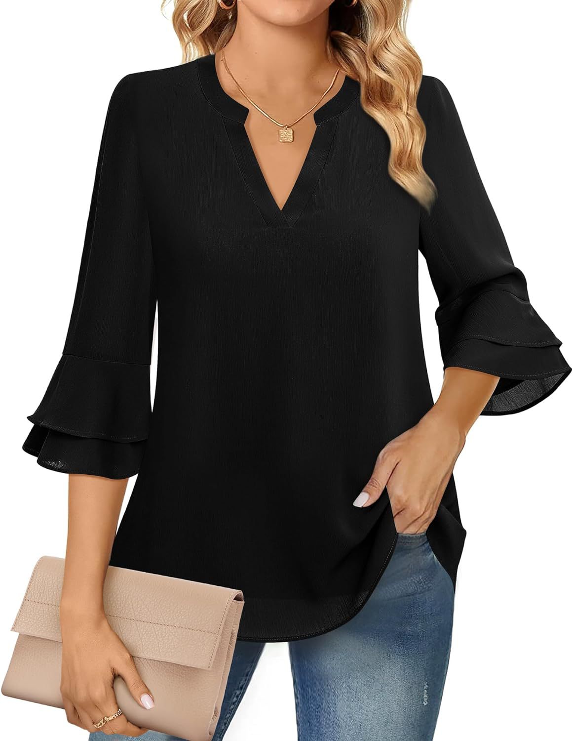 Ruffle sleeve blouse with V-neckline for women