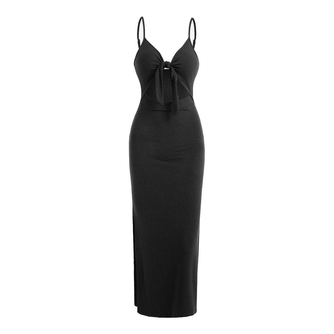 Women's Maxi Dress - Ribbed Knit - Spaghetti Strap - Cut-Out Front Knot Detail