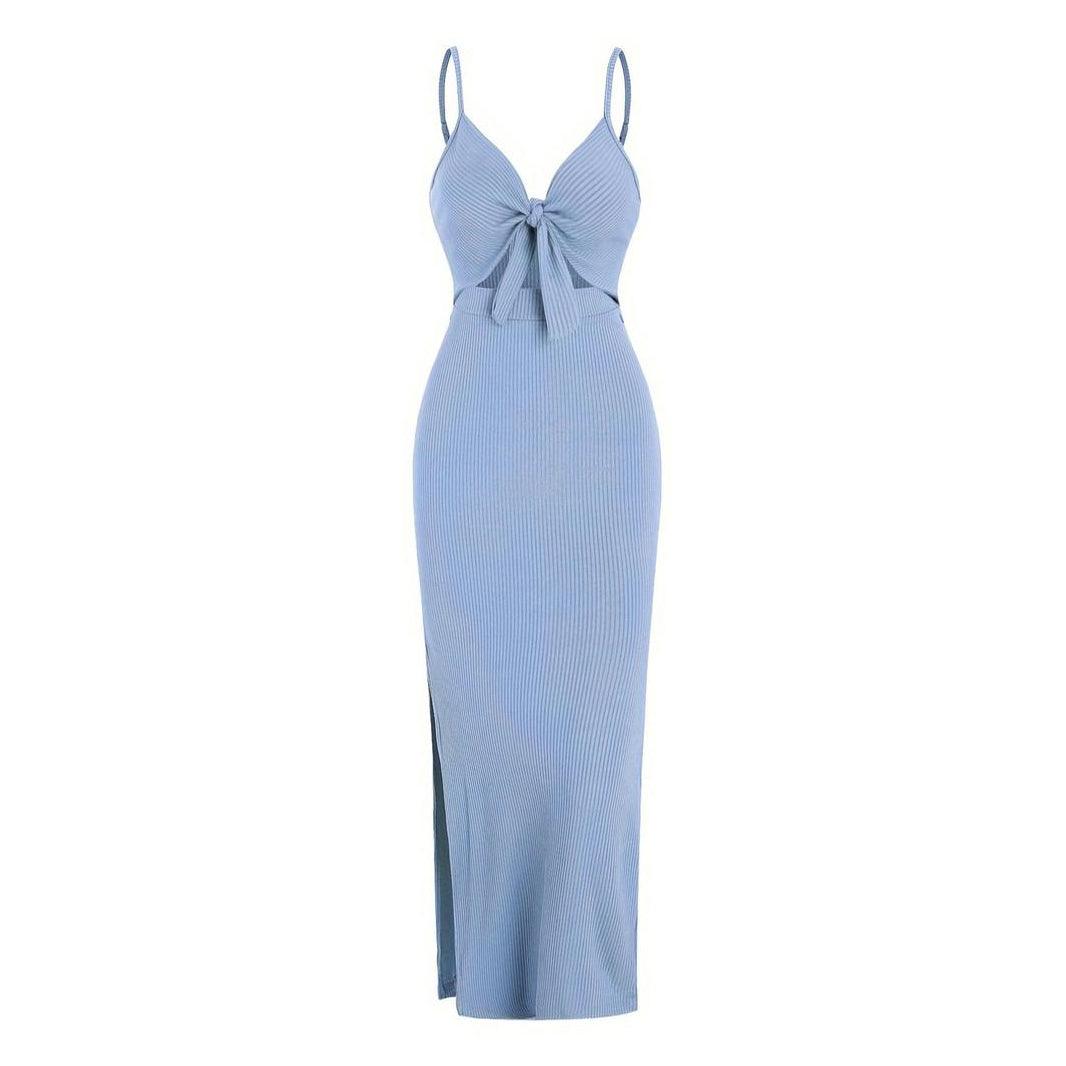 Women's Maxi Dress - Ribbed Knit - Spaghetti Strap - Cut-Out Front Knot Detail