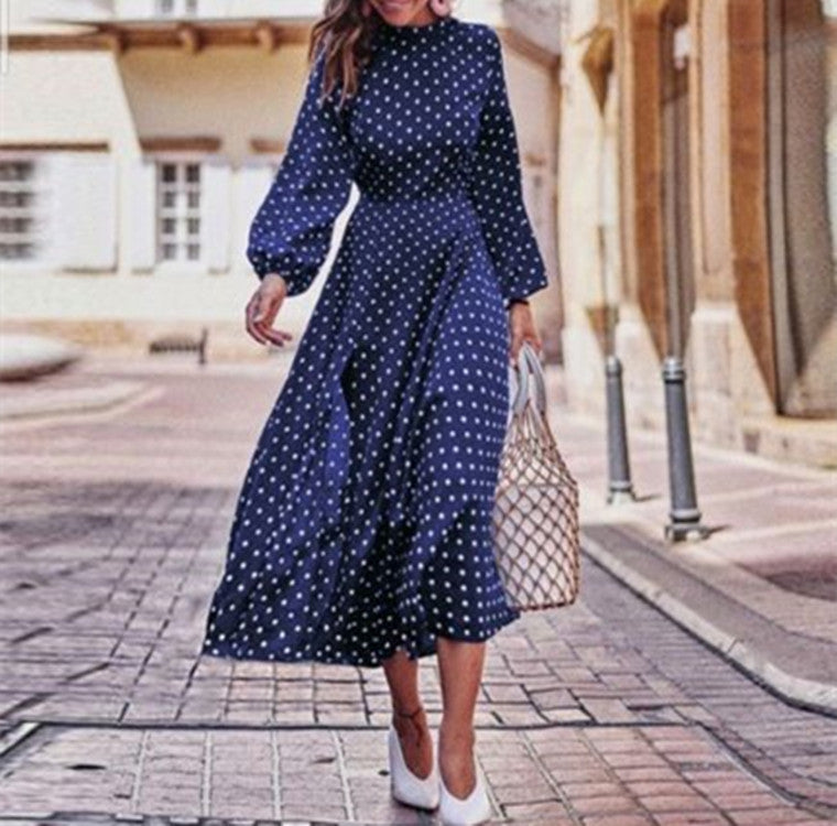 Women's Polka Dot Maxi Dress - Elegant Long Sleeve - Versatile Evening Wear