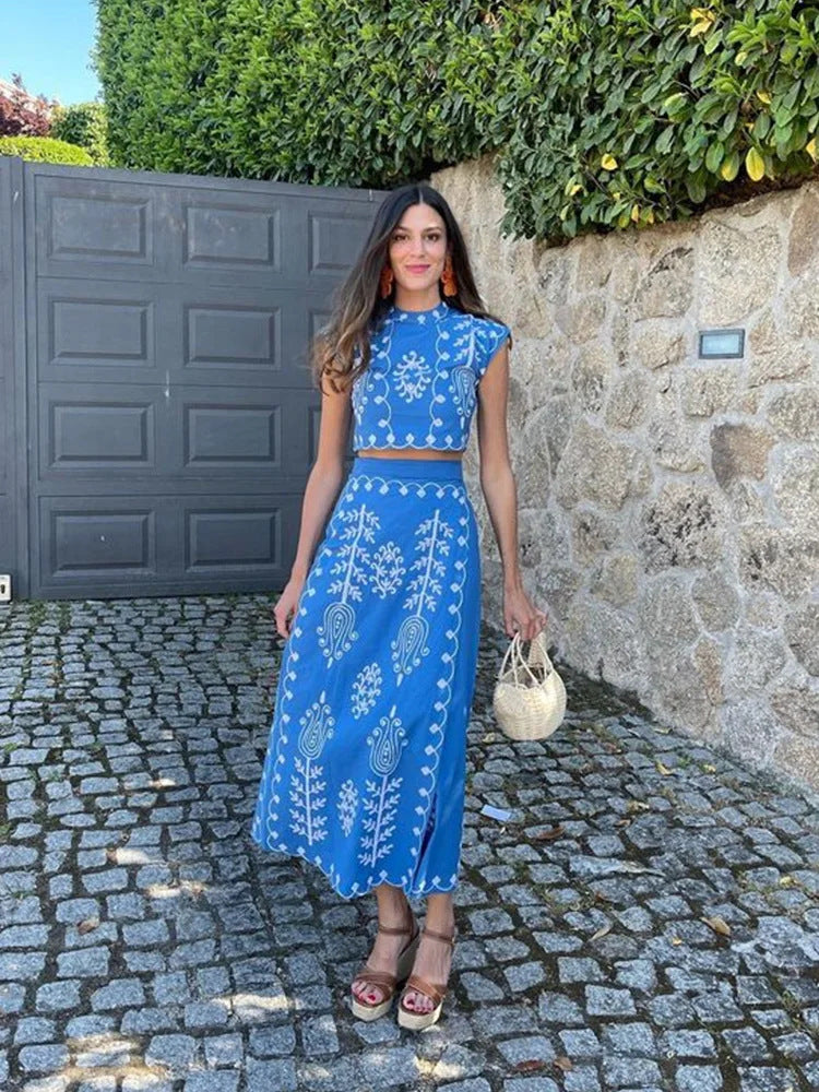 Women’s Two-Piece Set – Sleeveless Crop Top & Wrap Midi Skirt – Cotton Linen Blend