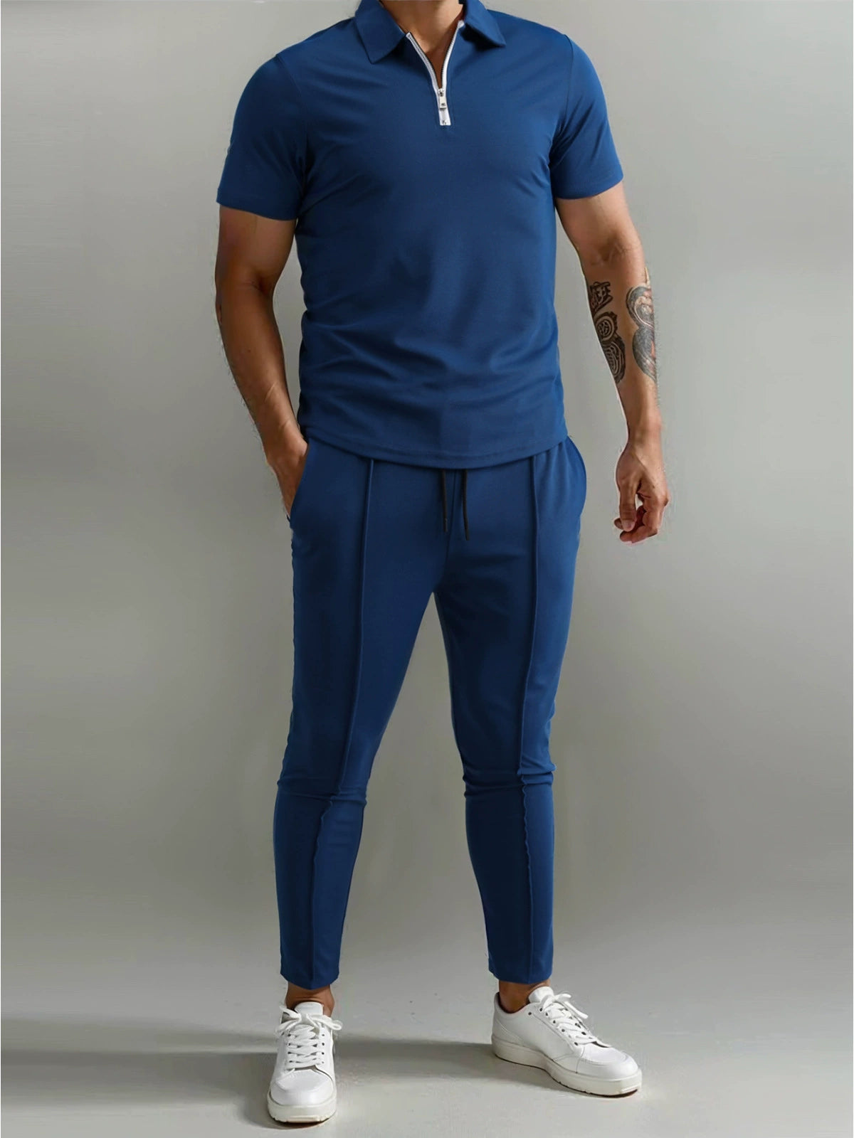 Men's Polo Shirt & Track Trousers - Zip Neck - Short Sleeve - Elastic Waist - Casual Fit