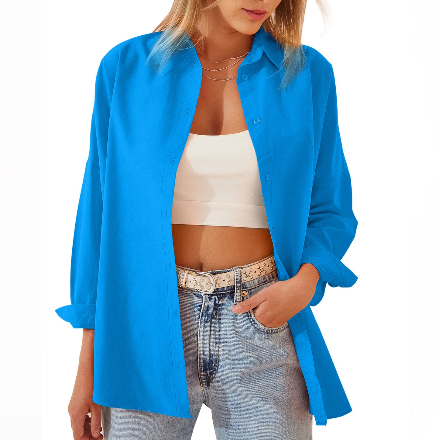 Women's Button Down Shirt - Relaxed Fit - Long Sleeve - Casual Oversized Look