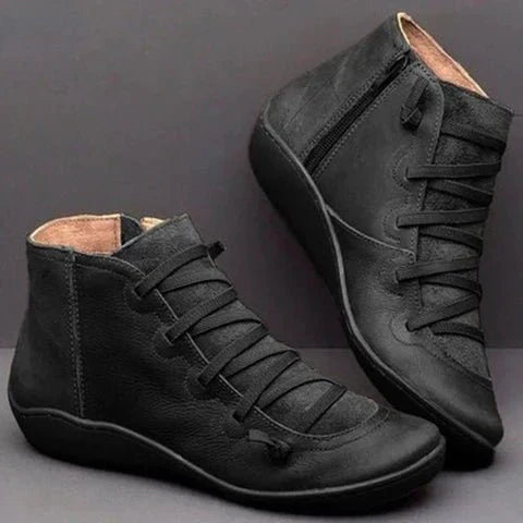 Women’s Ankle Boots – Leather – Lace-Up Front – Side Zipper – Snug Fit – Contrast Panels